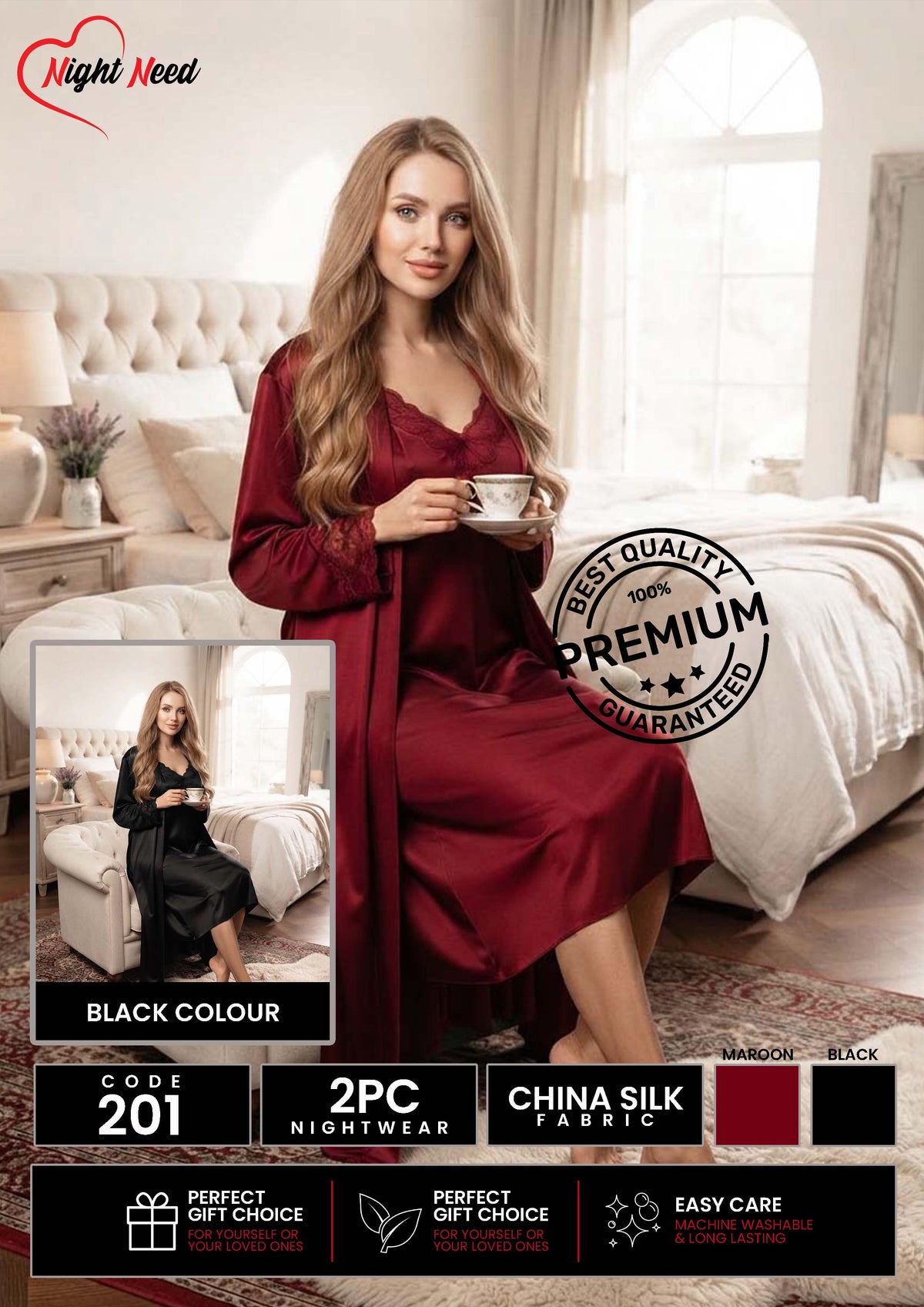 2 Piece Premium Bridal - Lace Trimmed Nightgown & Robe Nighty