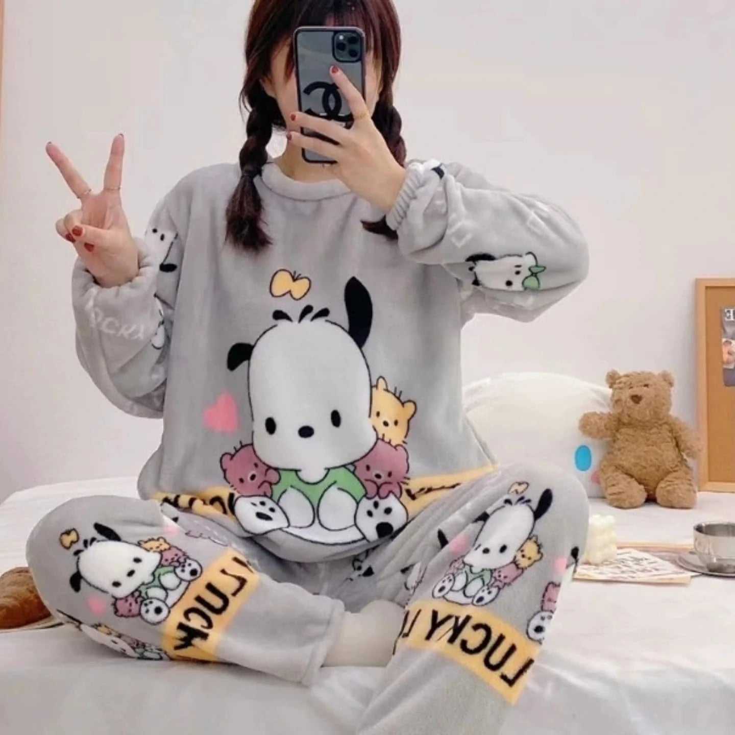 Winter Premium Fleece Grey Playful Pochacco Printed Night Suit
