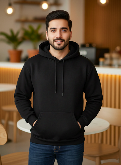 Winter Black Basic Hoodie For Men