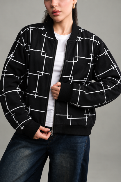 Winter Black Printed Zipper Jacket For Women