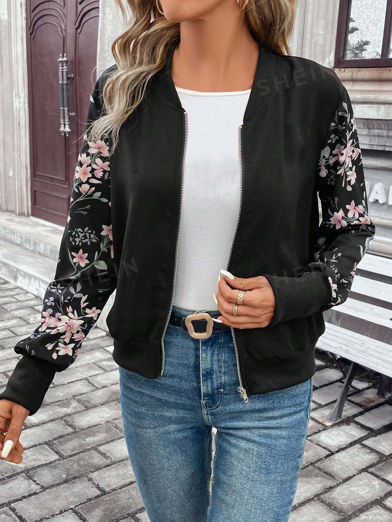 Winter Black Floral Jacket Women