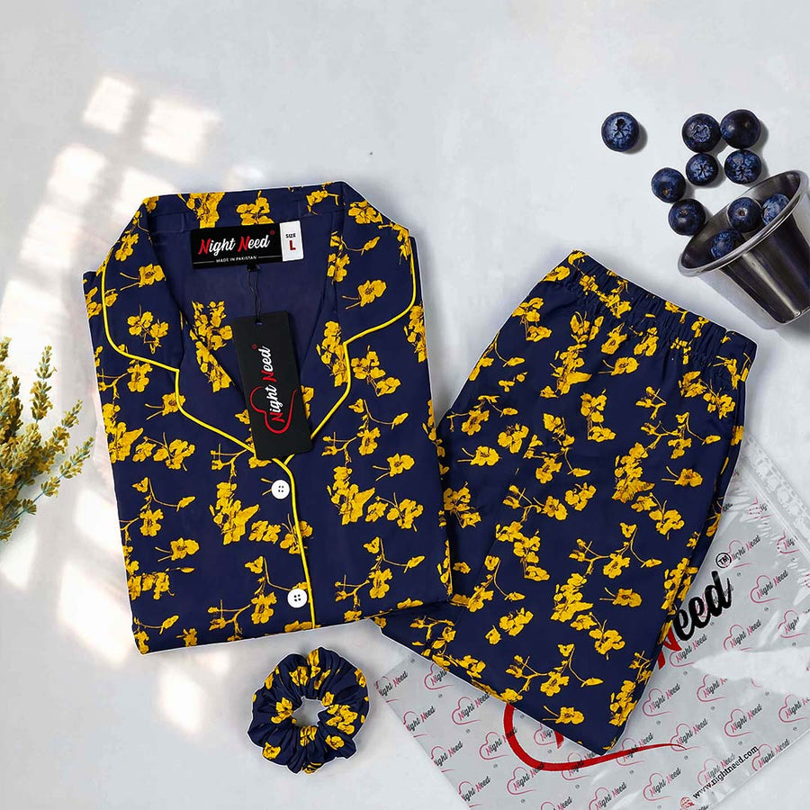 Imported Premium Linen Printed Navy Blue Button-Up Pj Set - PL8