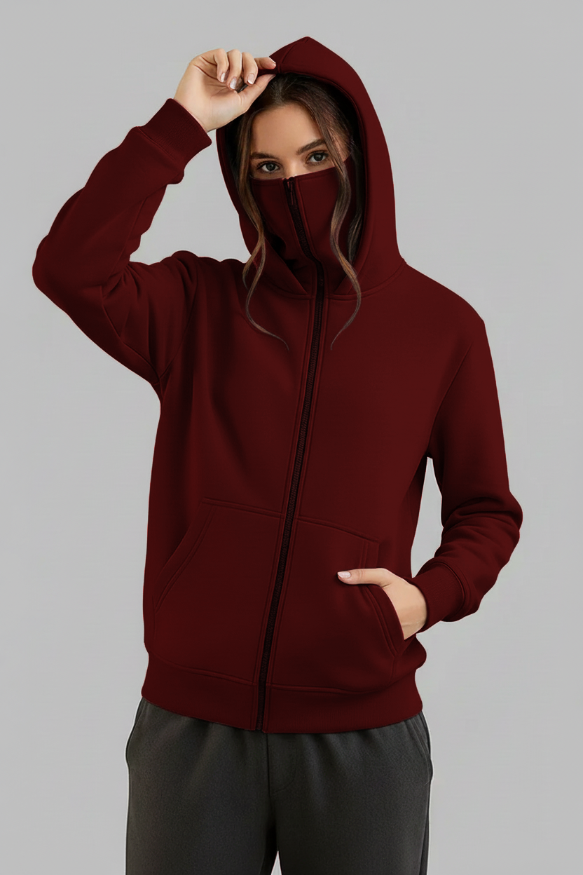 Maroon Balaclava Ninja Zipper Hoodie Jacket For Women