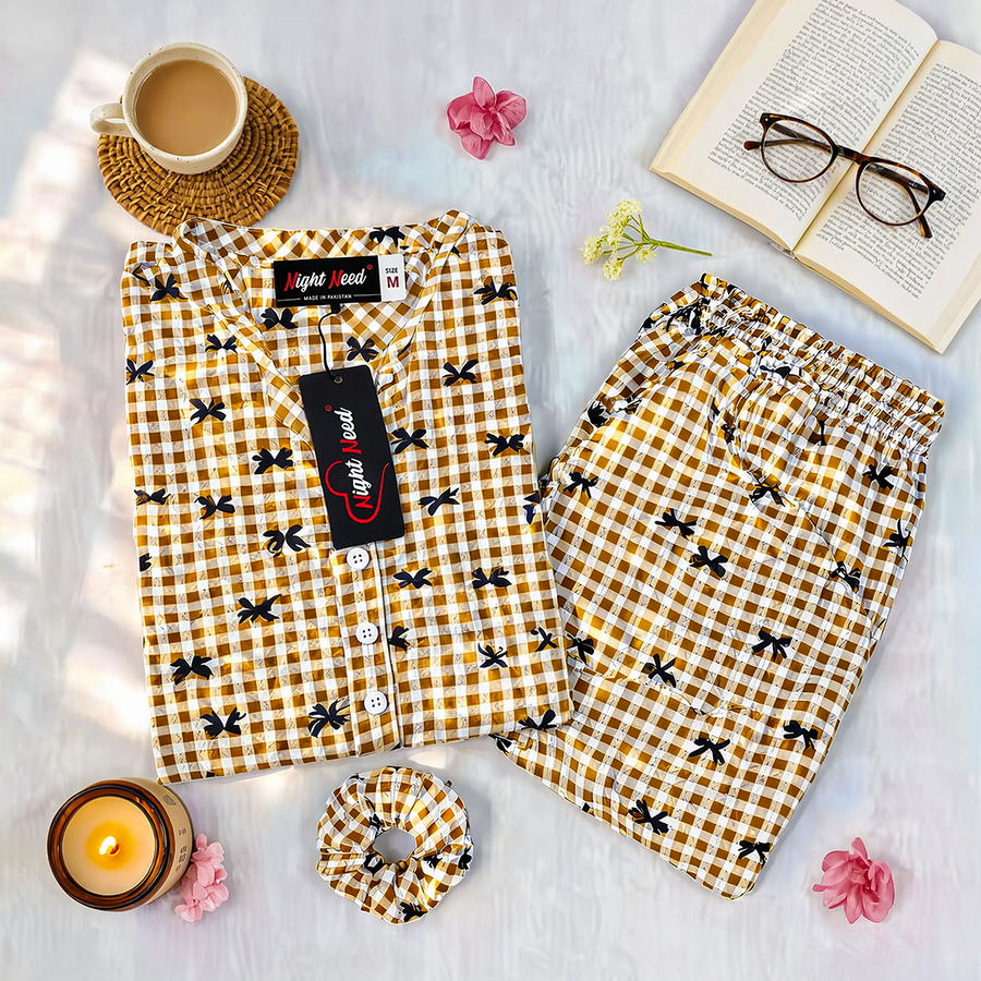 Brown Checkered Bow Printed Crinkled Cotton Night Suit