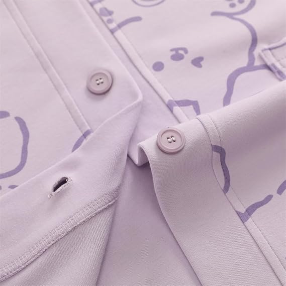 Purple Bunny V-Neck Button Printed Night Suit
