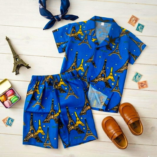 Little Paris Kids Linen Half Sleeve Tee & Shorts Set