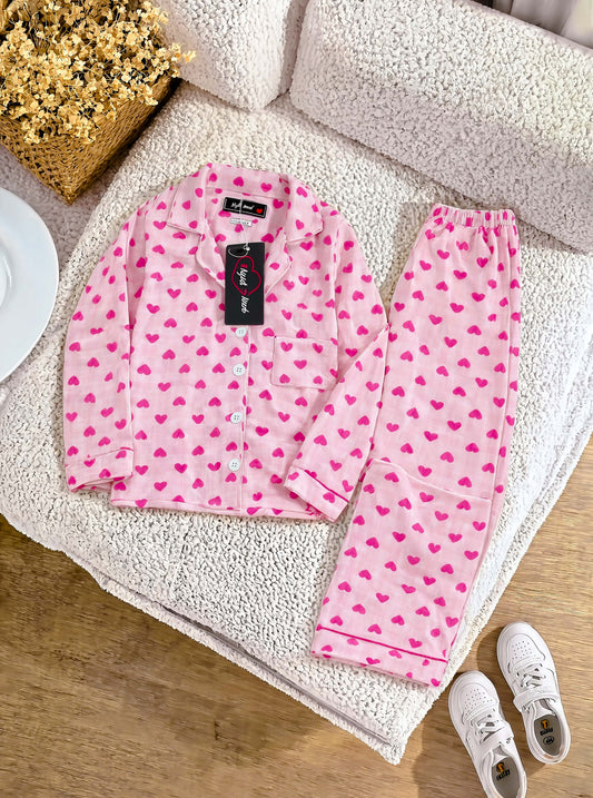 Kids Pink Heart Printed Crinkled Cotton Night Suit