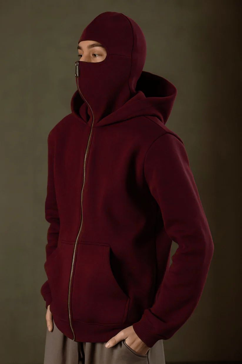 Maroon Balaclava Ninja Zipper Hoodie Jacket For Men