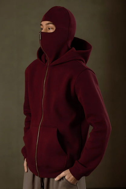 Maroon Balaclava Ninja Zipper Hoodie Jacket For Men