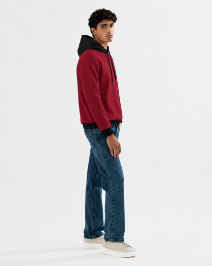 Winter Maroon With Black Basic Hoodie For Women