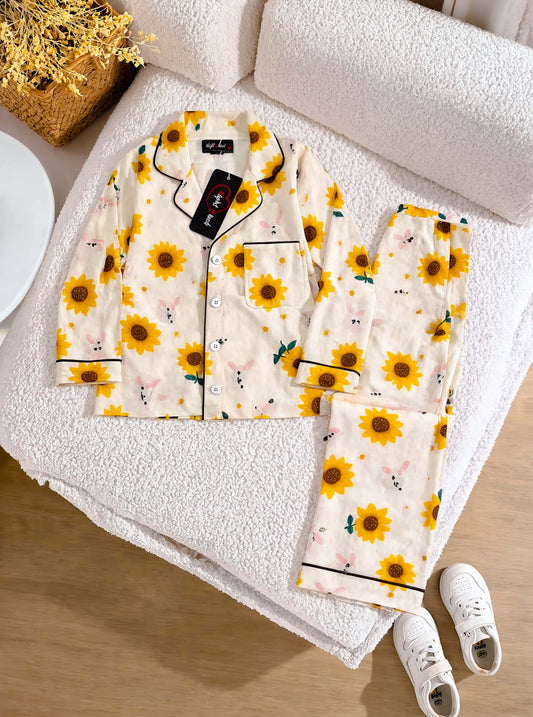 Kids Yellow Sunflower Printed Crinkled Cotton Night Suit
