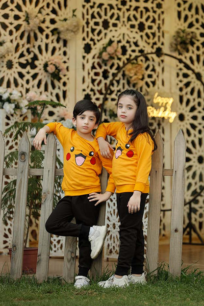 Yellow Pikachu Printed Kids Winter Suit
