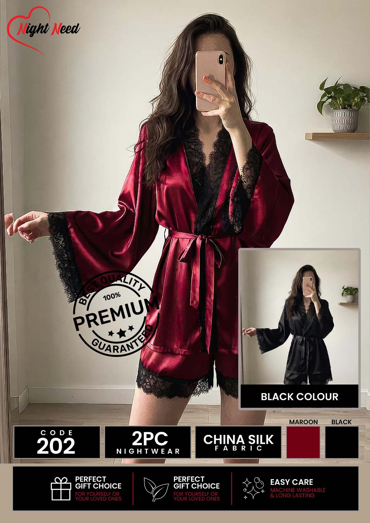 2 Piece Premium Bridal - Robe With Black Lace Trim Nighty