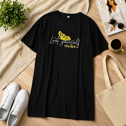 Love Yourself Printed Black Long T Shirt