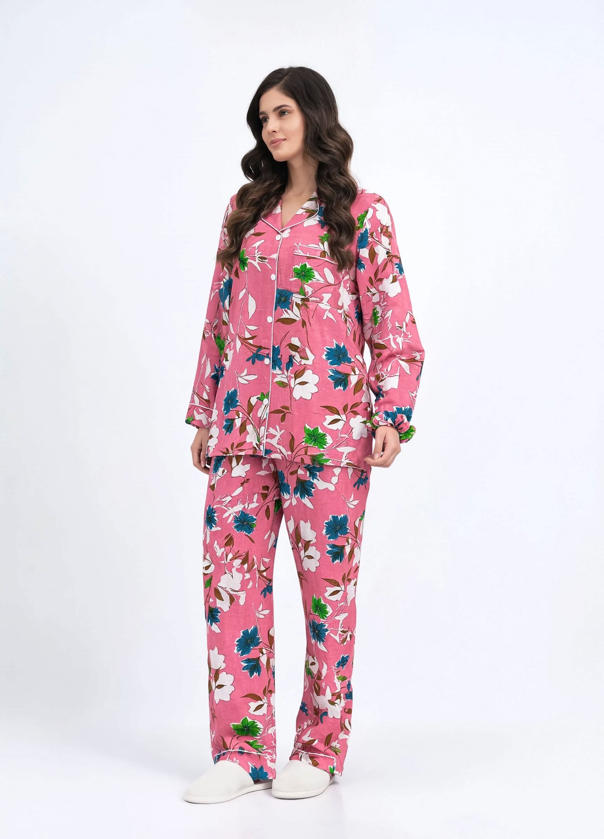 Imported Premium Linen Printed Flowers with Leaves Pj Set - PL6