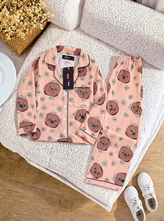 Kids Cute Cartoon Animal Printed Crinkled Cotton Night Suit