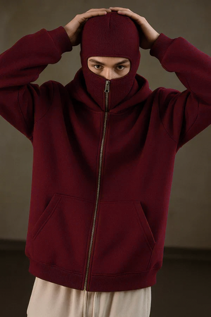 Maroon Balaclava Ninja Zipper Hoodie Jacket For Men
