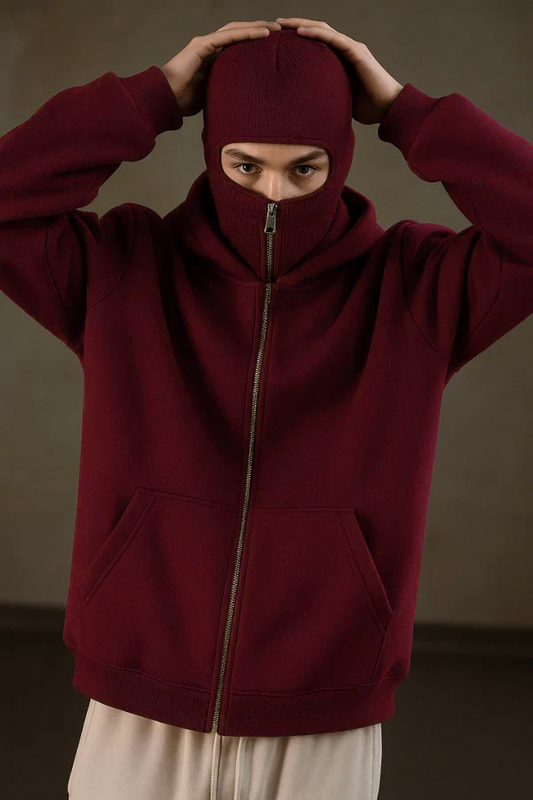 Maroon Balaclava Ninja Zipper Hoodie Jacket For Men