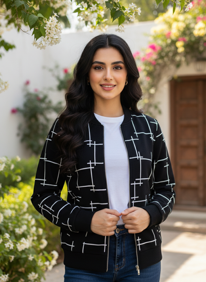 Winter Black Printed Zipper Jacket For Women