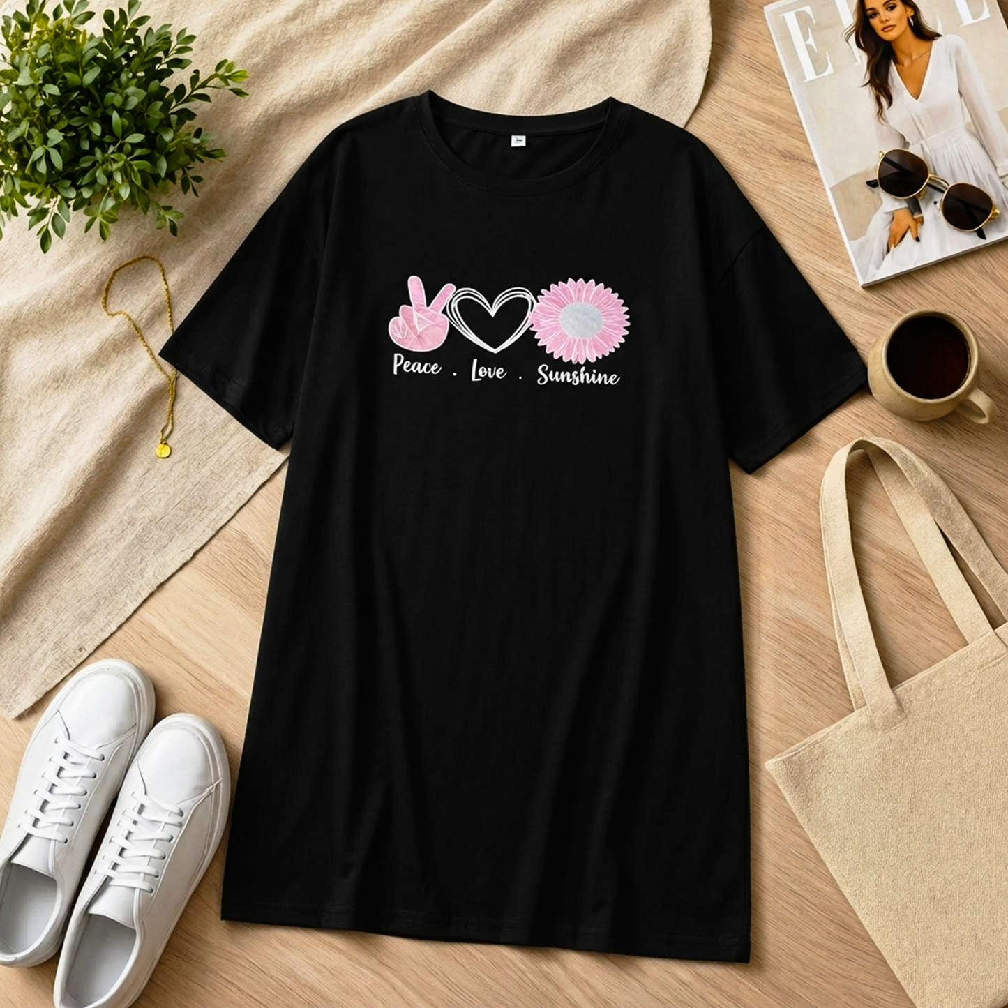 Just Breath Printed Black Long T Shirt