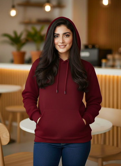 Winter Maroon Basic Hoodie For Women