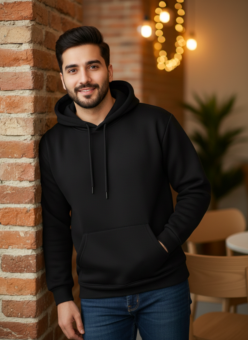 Winter Black Basic Hoodie For Men