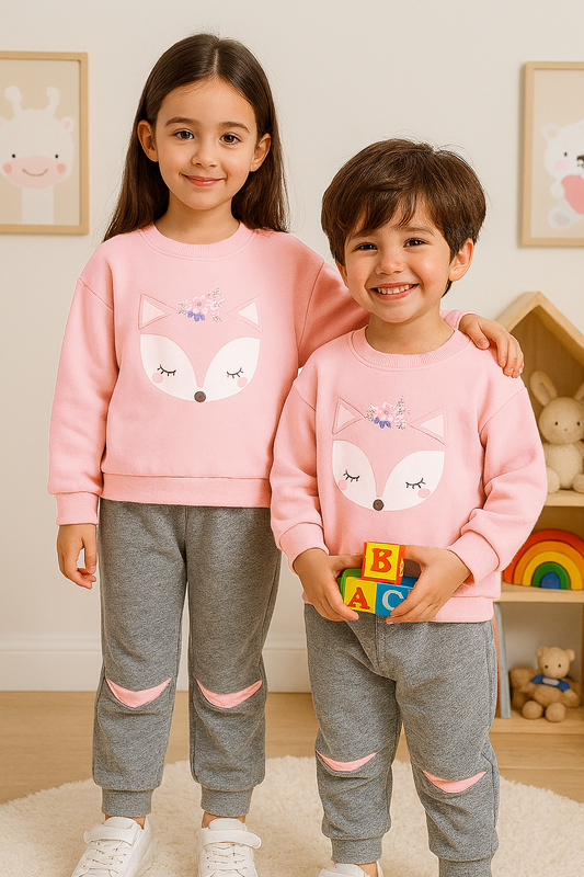 Fleece Fabric Pink Fox Printed Kids Winter Suit ( Each )