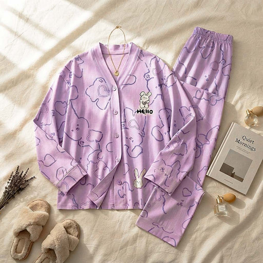 Purple Bunny V-Neck Button Printed Night Suit