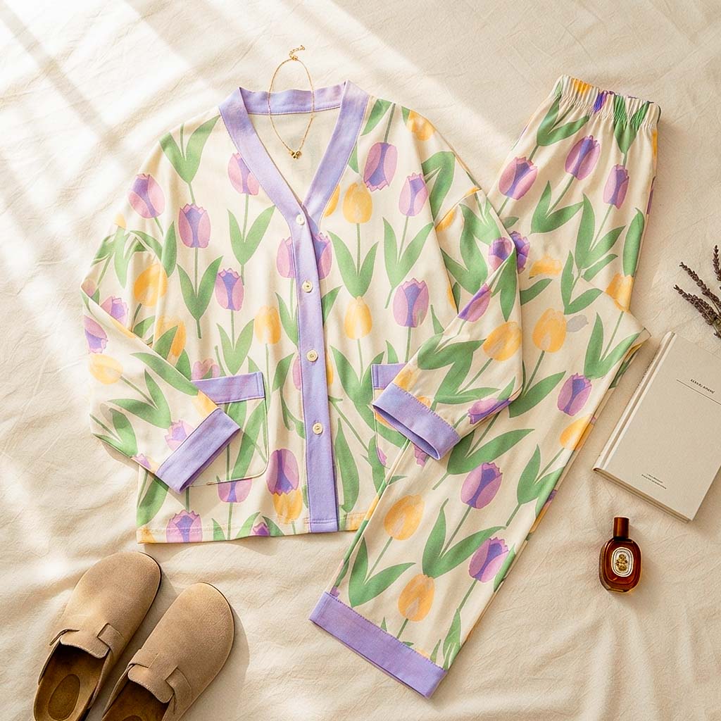 Off White With Flower V-Neck Button Printed Night Suit