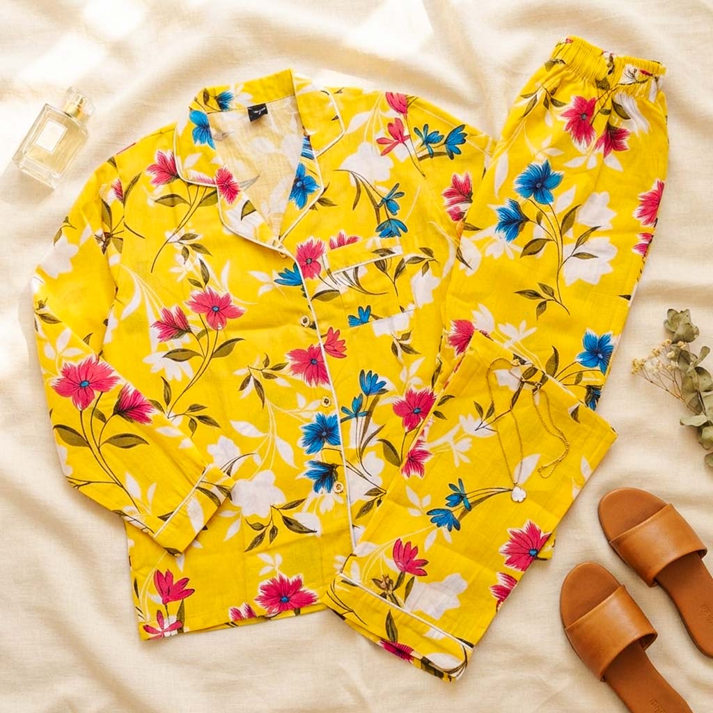 Imported Linen Printed Yellow Honey PJ Set-LP20