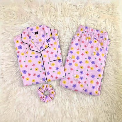 Imported Linen Printed Pink Multi Flower PJ Set-LP27