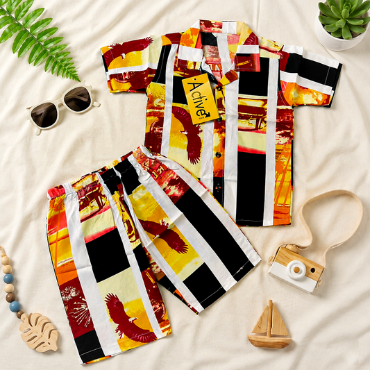 Kite Print Kids Linen Half Sleeve Tee & Shorts Set