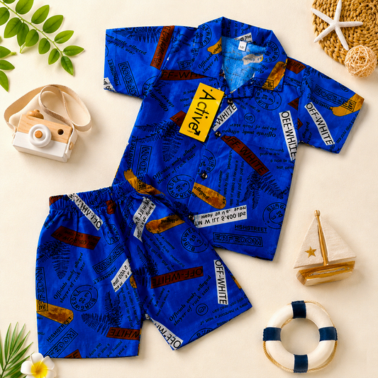 Blue Letters Kids Linen Half Sleeve Tee & Shorts Set