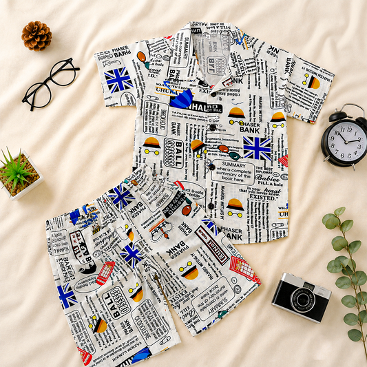 Letter Print Kids Linen Half Sleeve Tee & Shorts Set