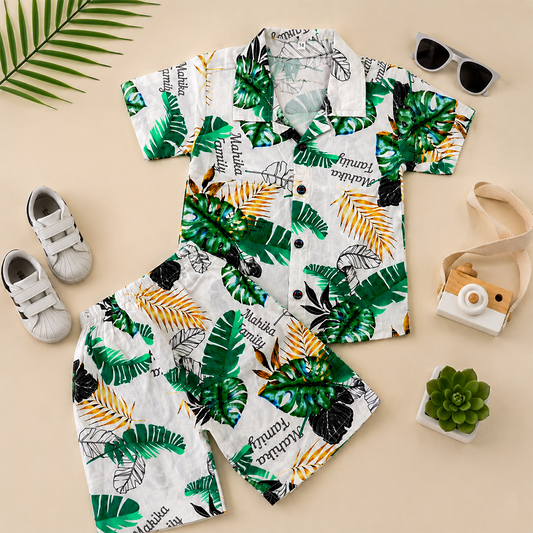 Green Patels Kids Linen Half Sleeve Tee & Shorts Set