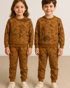 Brown Dinosaur Printed Kids Winter Suit
