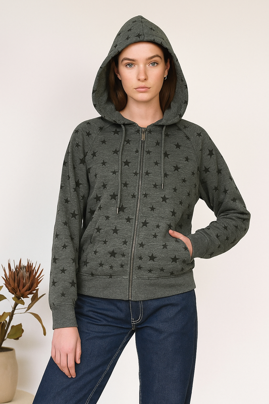 Unisex Winter Charcoal Star Printed Zipper Hoodie