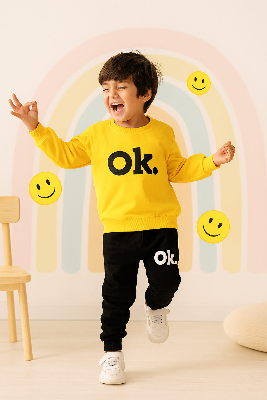 Fleece Fabric Yellow OK Printed Kids Winter Suit ( Each )