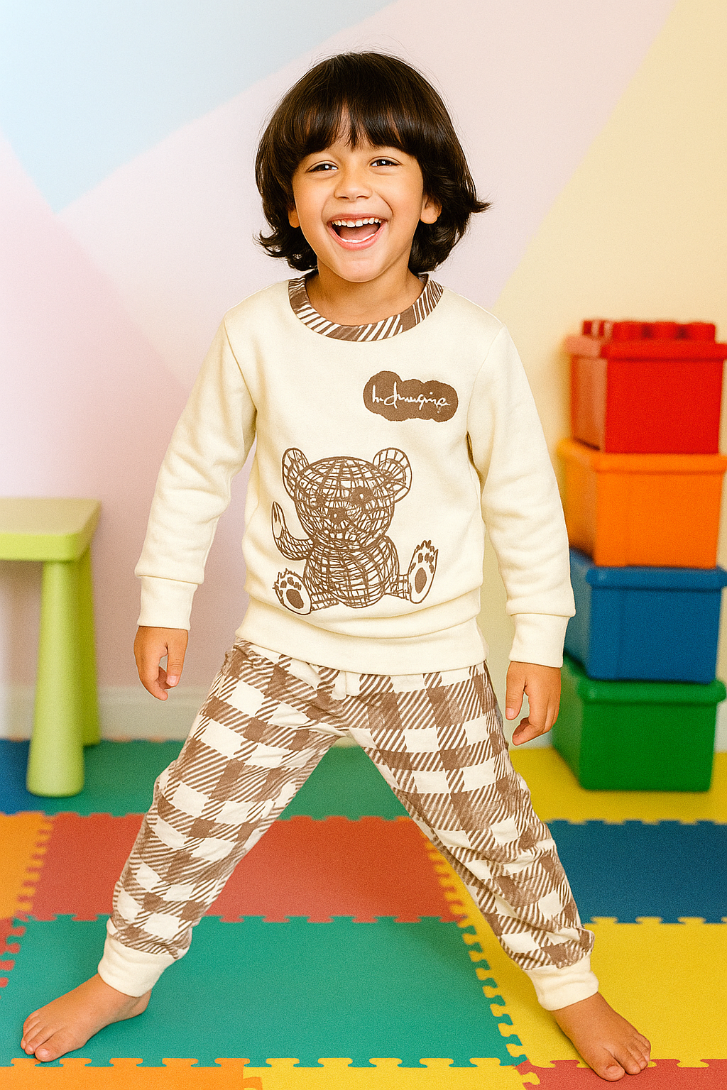 Fleece Fabric Check Bear Printed Kids Winter Suit ( Each )
