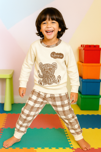 Fleece Fabric Check Bear Printed Kids Winter Suit ( Each )