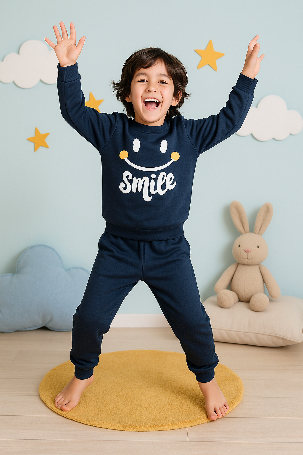 Navy Blue Smiley Printed Kids Winter Suit