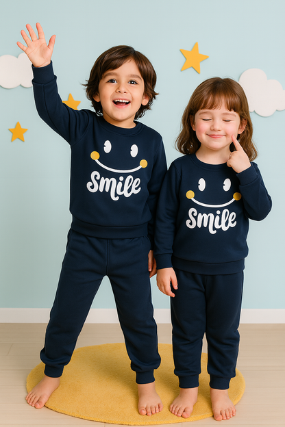 Navy Blue Smiley Printed Kids Winter Suit