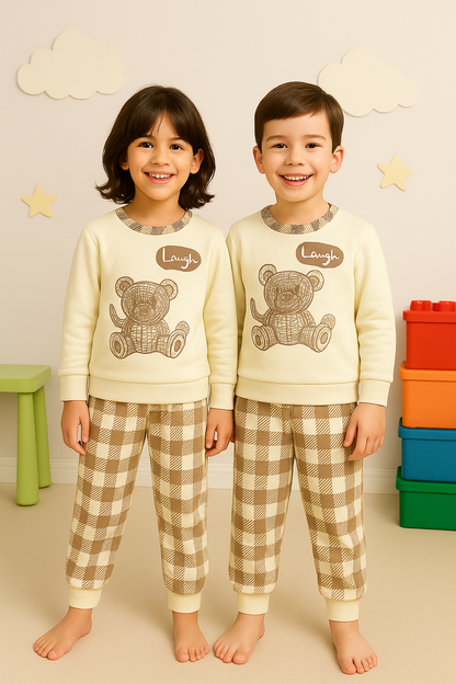 Fleece Fabric Check Bear Printed Kids Winter Suit ( Each )