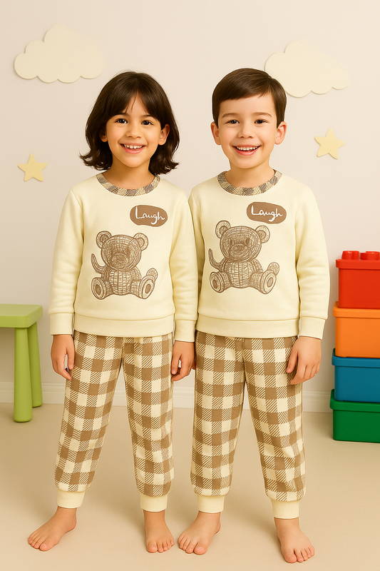 Fleece Fabric Check Bear Printed Kids Winter Suit ( Each )