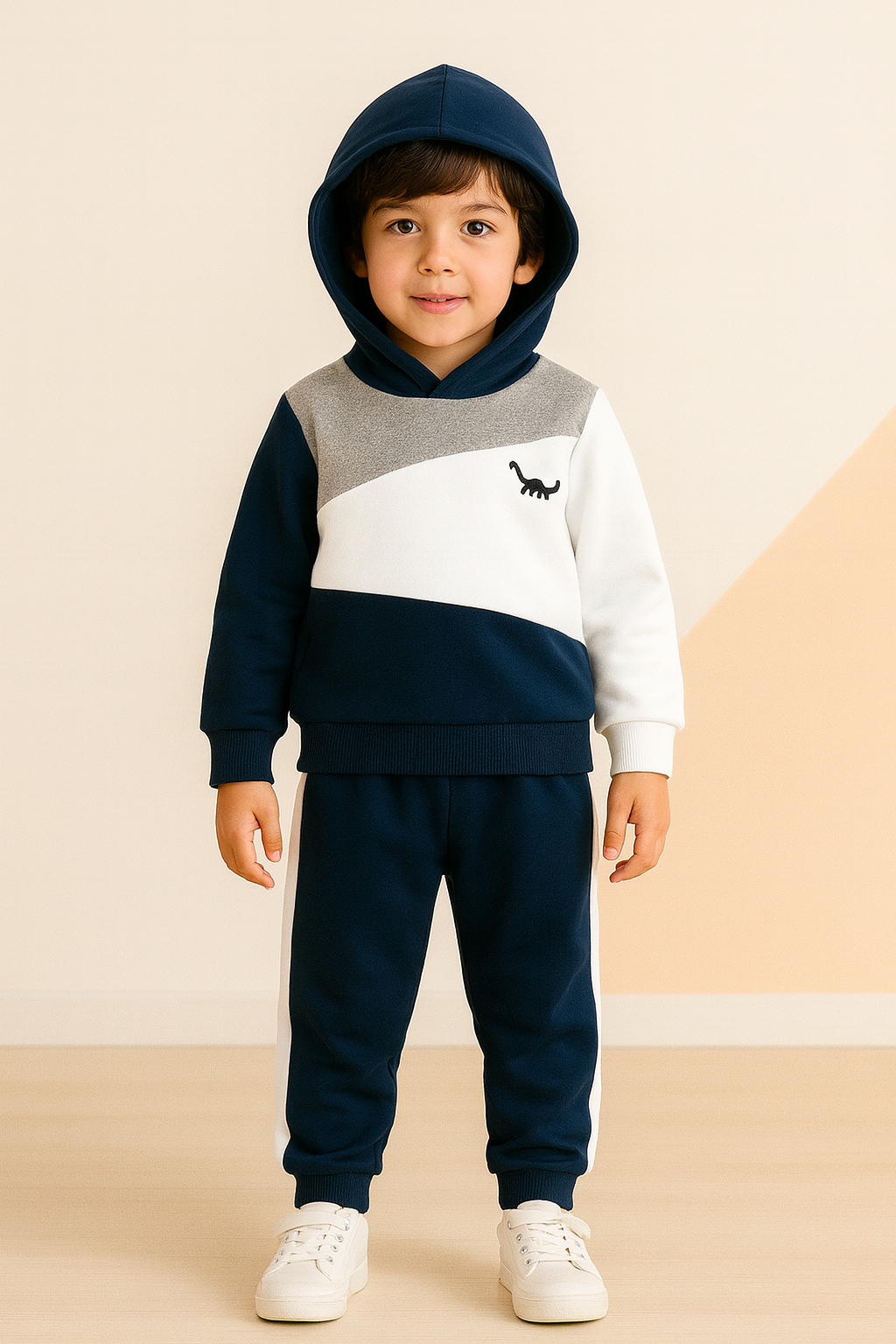 Navy Blue Panel Dinosaur Printed Kids Winter Suit