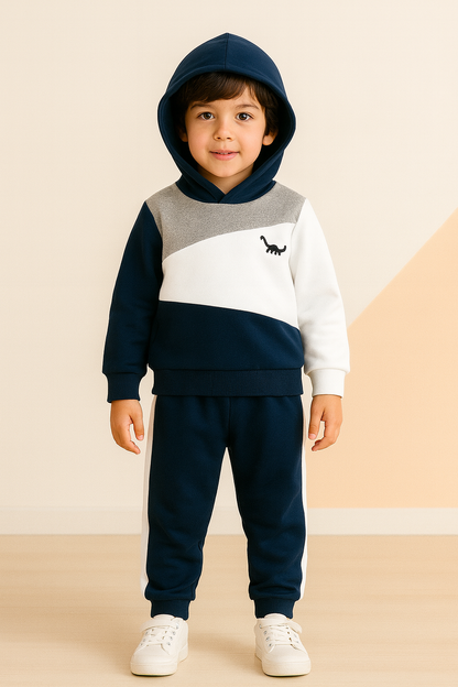 Fleece Fabric Navy Blue Panel Dinosaur Printed Kids Winter Suit ( Each )
