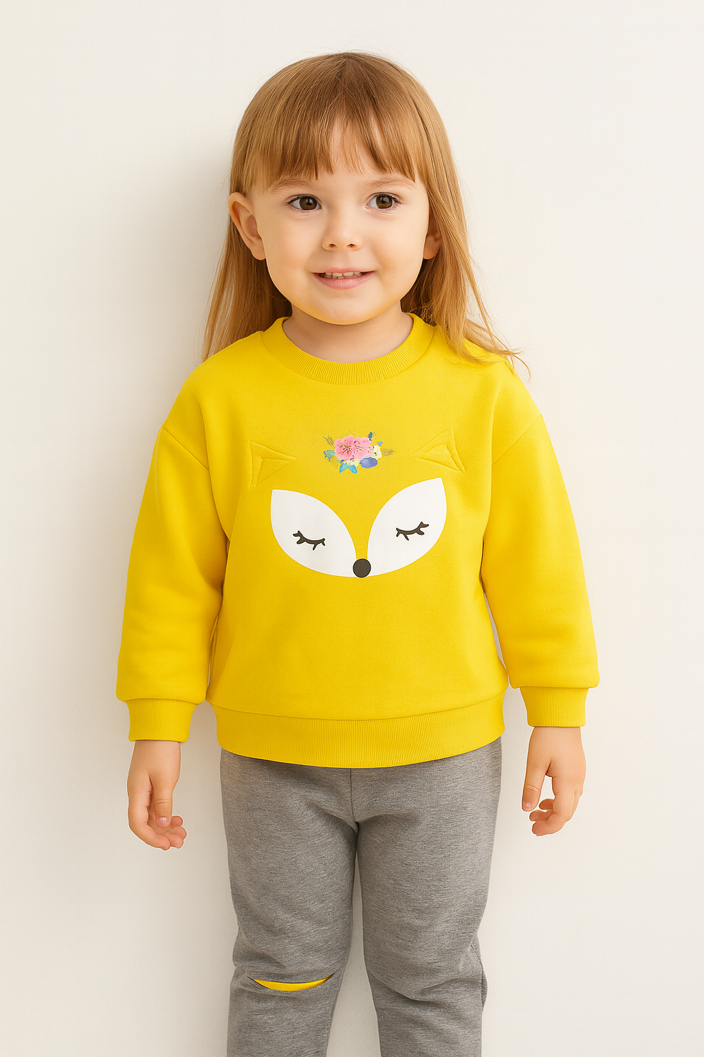 Fleece Fabric Yellow Fox Printed Kids Winter Suit ( Each )