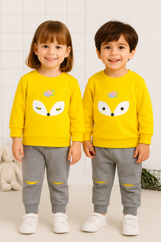 Fleece Fabric Yellow Fox Printed Kids Winter Suit ( Each )