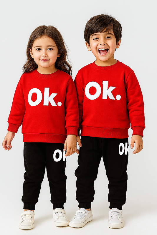 Fleece Fabric Red OK Printed Kids Winter Suit ( Each )