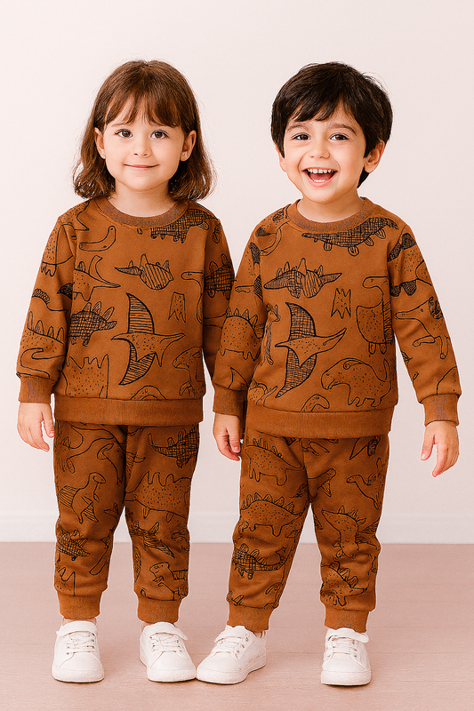 Fleece Fabric Brown Dinosaur Printed Kids Winter Suit ( Each )
